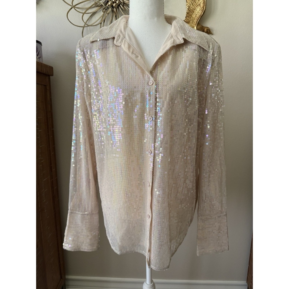 NWT Nonchalant Label Tiffany Sequin Button Down Blouse Blush L Revolve